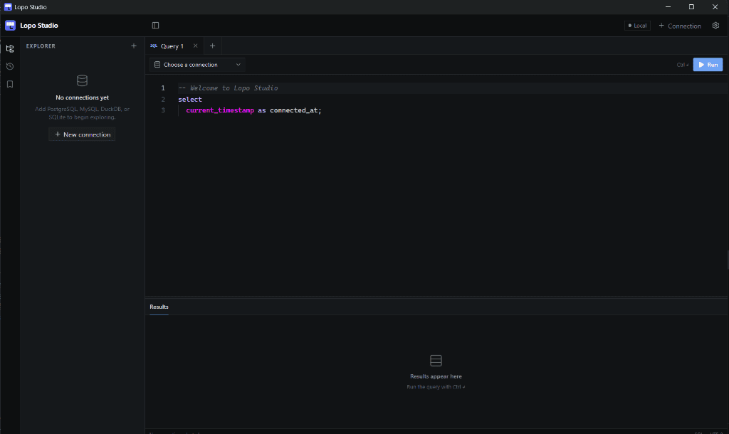 Lopo Studio desktop application interface showing connection explorer, SQL query editor, and results panel